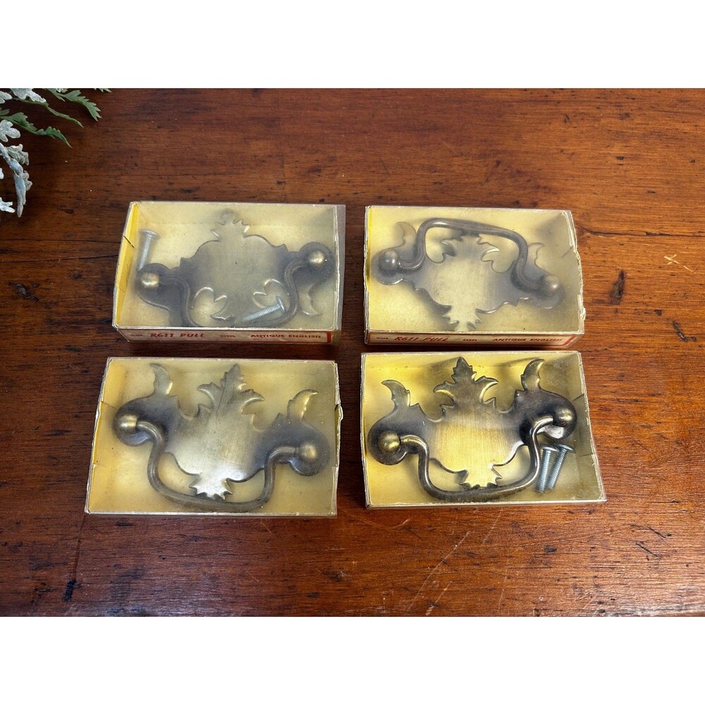 Set of 4 Vintage National Lock Co Antique English Drawer Pulls Brass NOS - READ